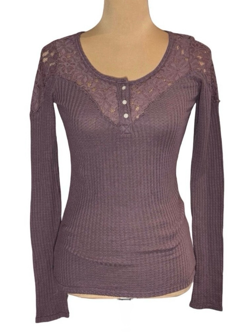 VTG Y2K Womens Hollister Henley Top Sz S Floral Lace Waffle Preppy Coquette